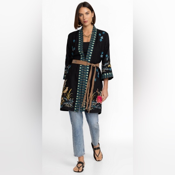 Johnny Was Celina Linen Kimono Coat Jacket Black Peacock Embroidered Size XL - Picture 11 of 11